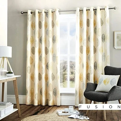 Immagine di Fusion Foglia Skandi Tende Foderate con Occhielli, 100% Cotone, Ochre, 46&quot; Width x 54&quot; Drop