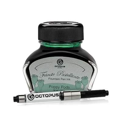 Immagine di Octopus Fluids Poppy Pods inchiostro per penna stilografica in colori pastello con convertitore, da scrittura nel calamaio, Verde 30 ml