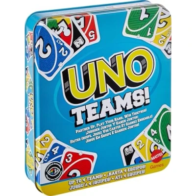 Immagine di Mattel Games UNO Teams confezione in metallo, versione a squadre da due dell&#039;iconico gioco, regole speciali e nuove carte Squadra Jolly, fino 4 squadre, giocattolo per bambini, 7+ anni, JDM40