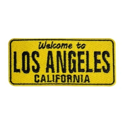 Immagine di toppa da viaggio Los Angeles, a Groovy ricamata termoadesiva cucire per vestiti, ecc. 10 x 4,5 cm