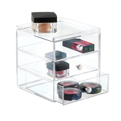 Immagine di iDesign Porta trucchi con 3 cassetti, Mini cassettiera per make up, cosmetici e gioielli, Organizzatore impilabile in plastica, trasparente