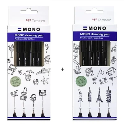 Immagine di Tombow Set di 8 penne fineliner MONO drawing pen, inchiostro pigmentato, resistente all&#039;acqua e alla luce, per schizzi, illustrazioni disegni, colore nero