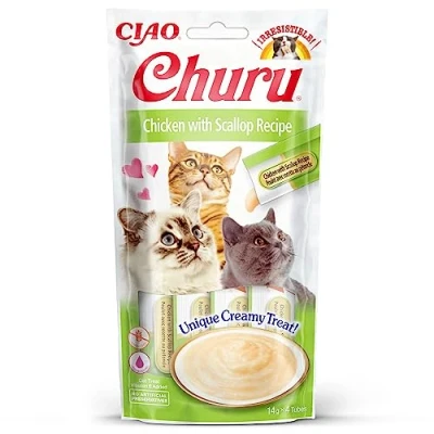 Immagine di INABA Churu Snack per Gatti Cremoso con Pollo e Capesante 1 Pack (4 Stick x 14gr) Cibo da Leccare, Sano Delizioso Gatto Senza Conservanti o Coloranti Artificiali, Grain Free