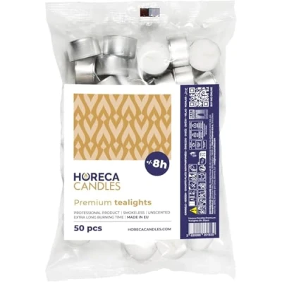 Immagine di Horeca Candles 50 Lumini Tealight Premium Durata 8 ore di Combustione Set da Pezzi Tè Luci Candele Bianche Non profumate