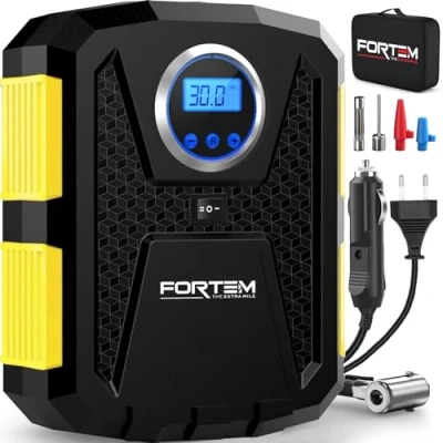 Immagine di FORTEM Compressore Aria Portatile per Pneumatici, Pompa Bicicletta, 230V AC 12V DC con Luce a LED, Manometro Digitale Pneumatici Gonfiaggio/Spegnimento Automatico (Giallo)