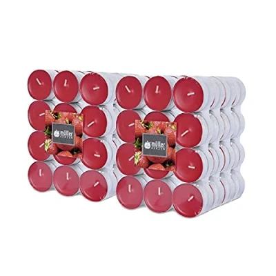 Immagine di Müller Tealights Candele Profumate Fragranza Fragola 39 x 15 mm Durata 4 Ore Lumini di Cera Colore Rosso Set 192 Candeline