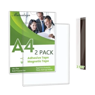 Immagine di Set di 2 supporti magnetici da parete, formato A4, protezione rigida per stampa con nastro adesivo e magnetico, supporto carta in plastica ufficio, negozio, casa, vetrine