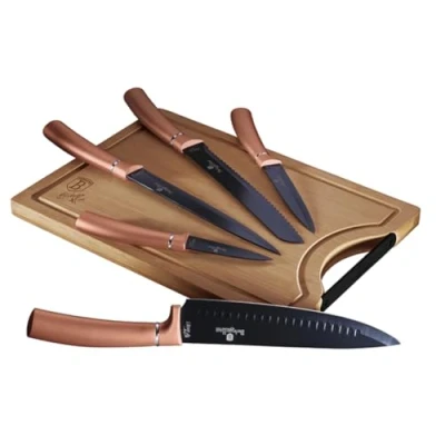 Immagine di BerlingerHaus BH 2575, Rose Gold Set di 5 Coltelli da Cucina Professionali, Tagliere in Bambù, Lama Acciaio Inossidabile, Rivestimento Antiaderente, Pane, Affettare, Design Metallic Line