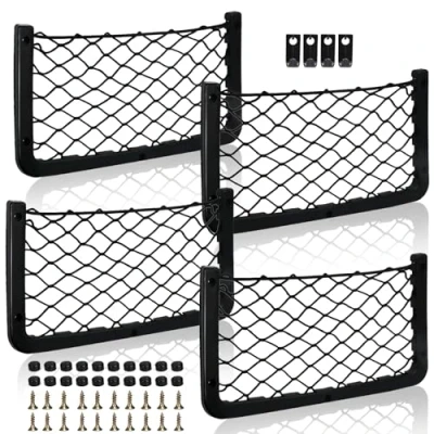 Immagine di 4 Pezzi Rete Portaoggetti Auto, Reti di Stoccaggio Elastiche, Bagagliaio Auto Tasca Organizer, con Vite Gancio, Universale Storage Mesh Net Organizers per Camper, Suv, Truck (36 x 18cm)