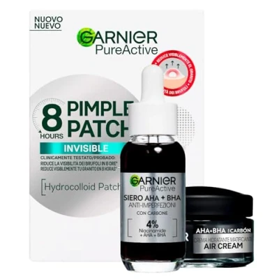 Immagine di Garnier PureActive Pimple Patch 8 Ore Invisibile sulla Pelle 22 Cerotti + Crema Viso Idratante Matificante AHA BHA con Carbone da 50ml Siero Anti Imperfezioni Trattamento Brufoli Punti Neri 30ml
