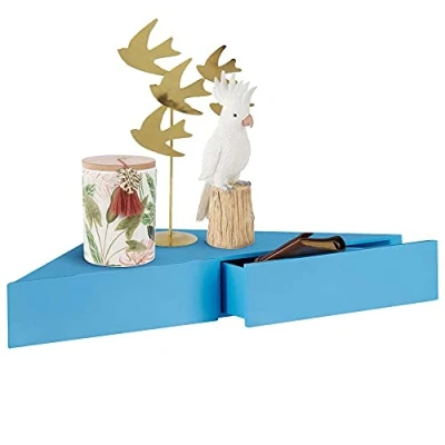 Immagine di BAKAJI Mensola con Doppio Cassetto Sospeso a Scomparsa ad Angolo da Parete Muro Scaffale Angolare in Legno MDF Design Moderno Scandinavo Dimensione 60 x 43 8 cm Decorazione Arredo Casa (Blu)