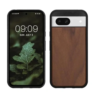 Immagine di kwmobile Custodia Compatibile con Google Pixel 8a Cover Protezione in Legno per Smartphone Back Case Bumper Silicone TPU marrone