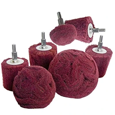 Immagine di Testina di lucidatura a forma tampone abrasivo, 7 pezzi rossi non tessuti per trapano abrasivo con manico 1/4 collettori,alluminio,acciaio inossidabile,cromo