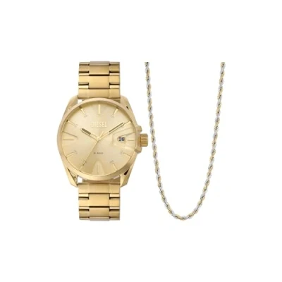 Immagine di Diesel Orologio Ms9 da uomo, movimento a tre lancette, cassa in acciaio inossidabile dorata 44 mm con bracciale inossidabile, DZ2163SET