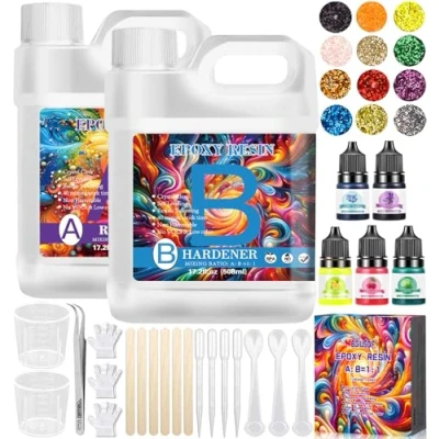 Immagine di BGIUSQF Resina Epossidica, 1016 ML Epossidica Trasparente, 1: 1 Kit Completo con Glitter, Epoxy Resin, per la Creazione di Gioielli,Pendenti Collane,Fai da Te