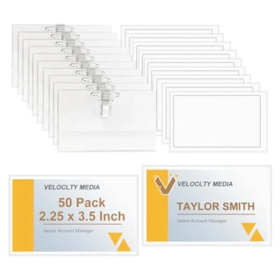 Immagine di Fushing 50 porta badge in plastica trasparente per biglietti da visita, targhette con il nome, clip di supporto carte identificative, orizzontale (50 Pezzi)