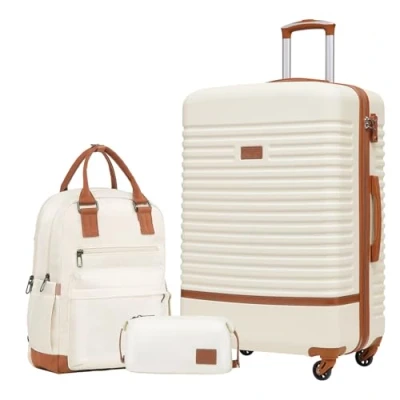 Immagine di COOLIFE Set Valigie,Set di Valigie,Trolley da viaggio con 4 Rotelle Girevoli a 360 TSA Serratura 1 zaino e Borsa toilette Incluso (Albicocca/Bianco, valigie 3pzs (28&quot;))