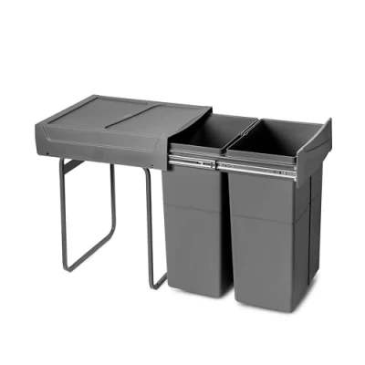 Immagine di Emuca Contenitore per la raccolta differenziata Recycle da montare sul fondo e estrarre manualmente in cucina 2x25lt, Grigio antracite, Tecnoplastica