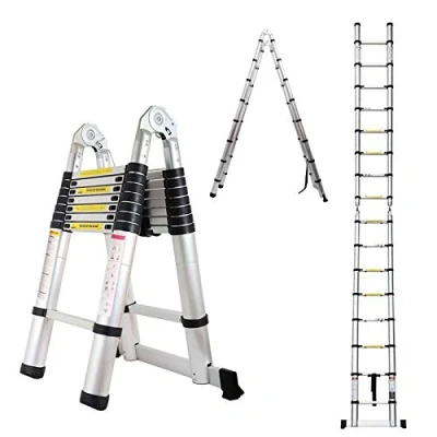 Immagine di Scala Telescopica Da 5M (2.5M+2.5M) In Alluminio, Allungabile Leggera Salva Spazio Multiuso, Per Casa, Ufficio, Giardino, Soppalco, Scaletta Portatile Antiscivolo