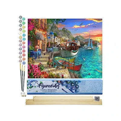 Immagine di Figured&#039;Art Dipingere con i Numeri Paint by Numbers Porto fiorito, Passatempo per Adulti, Kit Completo, Hobby Creativi 40x50cm cornice in legno fai da te
