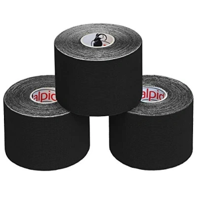 Immagine di ALPIDEX Nastro Kinesiologico Tanti Colori 1/3/ 6/12 Rotoli 5 m x 5,0 cm E Book Esempi Applicazione Tape Muscolare Cerotto, Colore:nero, Quantità:3 rotolo
