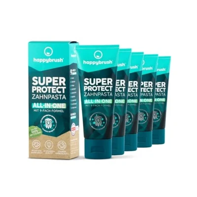 Immagine di happybrush dentifricio SuperProtect All in One 9 volte formula nutre le gengive, aiuta a prevenire la carie, clinicamente testato confezione da 5 con sapore di menta fresca