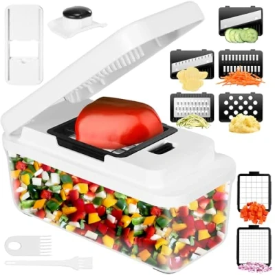 Immagine di Mandolina per Verdure, Taglia Affetta Verdure Multifunzione, Tagliaverdure Manuale con 7 Lame in Acciaio Inox Intercambiabili, Tritaverdure Cipolla, Carota, Patata e Cetriolo