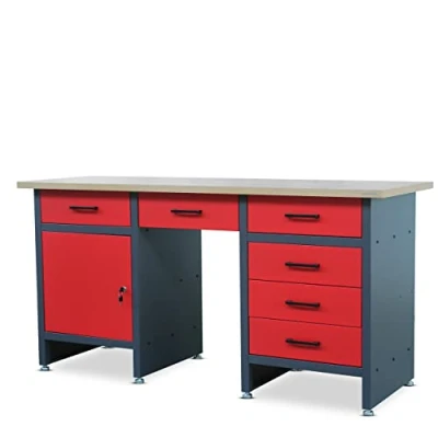 Immagine di Banco da lavoro con Piano di 6 cassetti scomparto chiave Piedi regolabili In MDF Caricabile fino a 500 kg metallo 170 cm x 60 85 (Antracite Rosso)