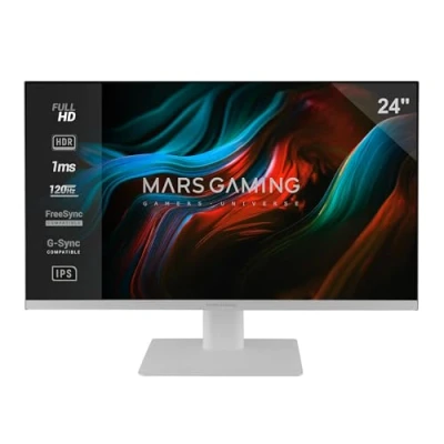 Immagine di Mars Gaming MV 24, Monitor 24 IPS FHD 120Hz, HDR10 1ms, FreeSync e G SYNC, PC Altoparlanti Integrati, Inclinazione 25, Low Blue Light Flicker Free, HDMI + DisplayPort Jack 3,5mm, Bianco