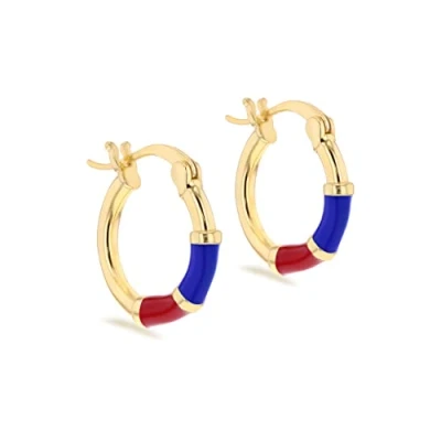 Immagine di Tuscany Silver Orecchini a cerchio da donna in argento Sterling Placcato oro giallo 15 mm smaltati 2 colori, Smalto oro, Blu e rosso.