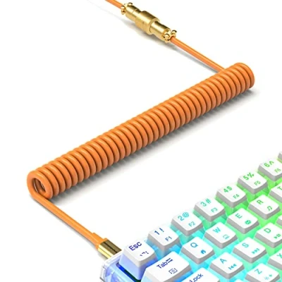 Immagine di XINMENG C02 cavo per tastiera a spirale, USB C personalizzato meccanica, da tipo A, molla in TPU con connettore aeronautico metallo staccabile oro 24K arancione