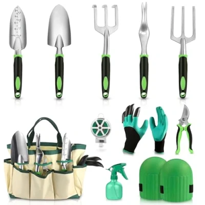 Immagine di Gerbala Set di Attrezzi da Giardinaggio, 11 Pezzi Giardinaggio con Borsa Portaoggetti, Orto per Piante, Robusto, Antiruggine, Donne, Uomini, Amanti del Giardino