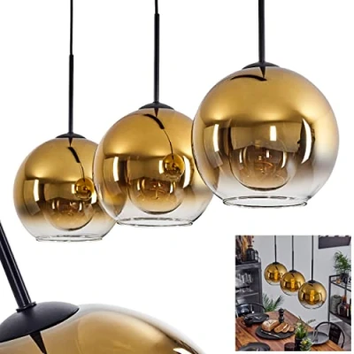 Immagine di lampada a sospensione Koyoto, in metallo/vetro nero/oro/chiaro, 3 luci design vintage/retrò con paralumi vetro (Ø 20 cm), altezza massima 152,5 cm, 3x E27, senza lampadina/e
