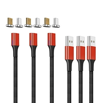 Immagine di NetDot Gen10 Cavo di Ricarica Magnetica Intrecciato in Nylon con LED Laterale Compatibile Dispositivo Micro USB e C (1m/3 Pack Rosso)