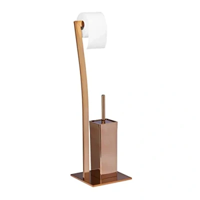 Immagine di Relaxdays Set da Accessori per WC, Porta Scopino in Acciaio Inox, Piantana Portarotolo HxLxP: 71 x 20 cm, Rame