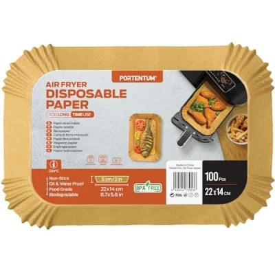 Immagine di PORTENTUM Carta forno per friggitrice ad aria 100 pezzi Food Grade BPA Free 22 x 14 cm Air Fryer Rettangolare Compatibile con Ninja Dual Zone Double Stack e Altri Doppio Zona Airfryer
