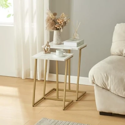 Immagine di [en.casa] Set di 2 Tavolini Sovrapponibili Salvaspazio da Divano con Piano Rettangolare caffè in Misure Diverse Dorato/Effetto Marmo Bianco