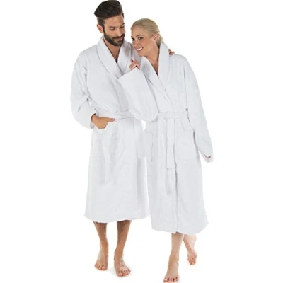 Immagine di CelinaTex Oregon Accappatoio Collo Sciallato A Tinta Unita Lungo Tasche Applicate Cuciture Decorative Donna Uomo Unisex Puro Cotone XL bianco