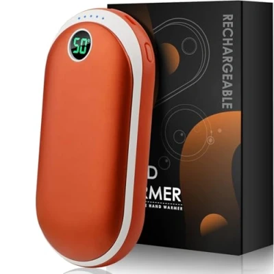 Immagine di scaldamani ricaricabile, 10000 mAh, elettrico portatile, Power Bank con 15 ore di calore, display digitale, 3 livelli calore USB, per campeggio (arancione, 12 x 6,5 2,8 cm)