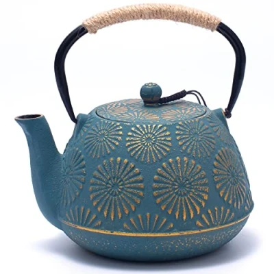 Immagine di MILVBUSISS Teiera in Ghisa, Giapponese con Infusore per Foglia Sciolta, Grande Capacità 1200ml Sakura Design Bollitore da Tè Piano Cottura Rivestito Interno Smaltato, Verde