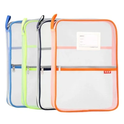 Immagine di Borsa portadocumenti in rete nylon con cerniera, da viaggio, formato A4, per studenti, compiti a casa, forniture ufficio, 4 pezzi (arancione, verde, blu, blu scuro)