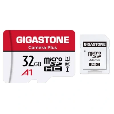 Immagine di Gigastone Scheda di Memoria Micro SDHC da 32 GB, Telecamera Plus Serie, A1 U1 C10 UHS 1, Velocità Fino a 90/20 MB/Sec(R/W). Compatibile con GoPro Fotocamere Videocamere Tavoletta, Adattatore SD
