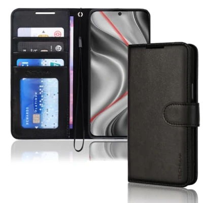 Immagine di TECHGEAR Custodia a Portafoglio in Pelle per Galaxy S24 Plus, Protettiva Flip con Porta Carte Portafoglio, Supporto e Cinturino da Polso PU Nera Chiusura Magnetica Progettata