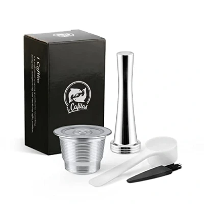 Immagine di Capsule di Caffè Tazza in Acciaio INOX Metallo Riutilizzabile Ricaricabili per Casa Caffetteria, Argento (Free Pennello e Cucchiaio) (Tamper + Capsula)