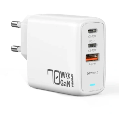 Immagine di AVUMDA 70W Caricatore USB C Multiplo: 3 porte Alimentatore per MacBook Air Pro, iPad Pro,iPhone 15/14/13/12/11, Google Pixel, Samsung Galaxy S23/S22/S21, Steam Deck, Caricabatterie GaN