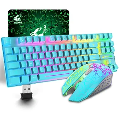 Immagine di LexonElec Combinazione mouse e tastiera da gioco wireless, 87 tasti arcobaleno retroilluminazione a LED batteria ricaricabile 3800 mAh sensazione meccanica muto impermeabile RGB (blu)