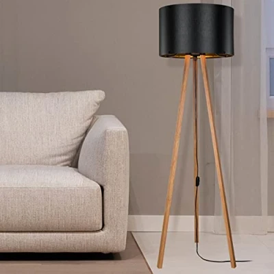 Immagine di Lampada da Terra Altezza 136 cm Piantana a Treppiedi in MDF Stelo con Paralume Cilindrico Tessuto/PVC effetto Bambù/Nero