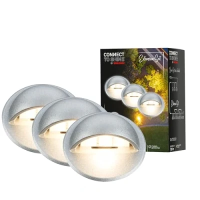 Immagine di Briloner Sistema da giardino Connect to Shine 12V, set di 3 faretti incasso con luce laterale, prolunghe, IP65, bianca calda, illuminazione giardino, 35x36 mm, colore argento