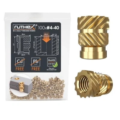 Immagine di ruthex Set di inserti filettati #4 40 UNC (passo grosso), 100 boccole filettate RX 4 40x5,7 in ottone, dadi a pressione robusti per parti plastica stampe 3D, utilizzabili tramite calore
