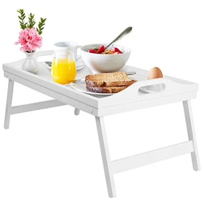 Immagine di vassoio da letto per la colazione, con gambe pieghevoli in legno, cucina letto, scrivania, computer portatile, snack colore bianco